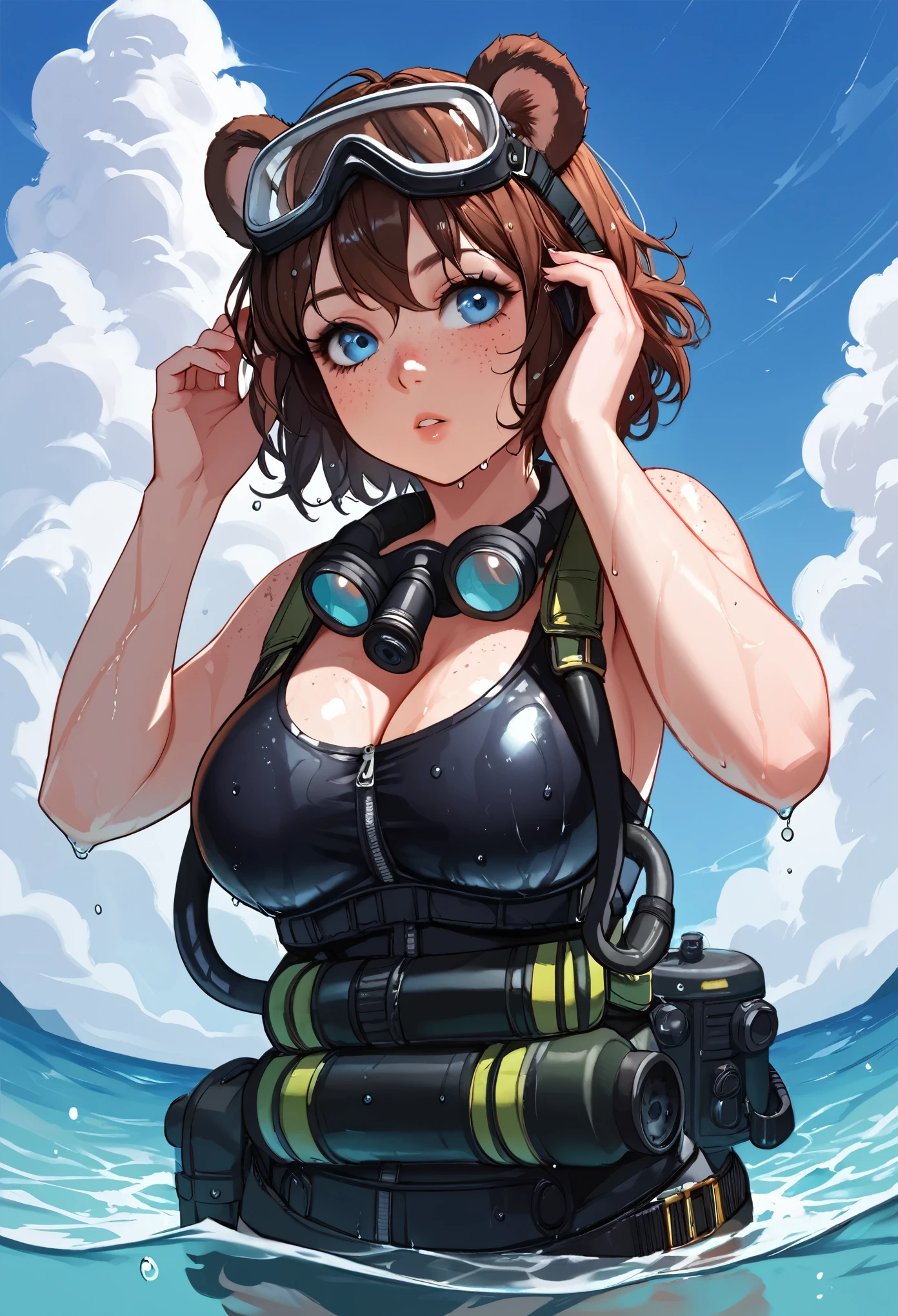 score_9_up, score_8_up, score_7_up, 1girl, solo, source_anime, hourglass figure, Big breasts, kemonomimi, bear ears, brown hair, short hair, messy_hair, blue eyes BREAK freckles, scuba, scuba gear, black one-piece swimmsuit, goggles on head, wading, looking at viewer, looking away, ocean, blue sky, clouds, scuba tank, adjusting goggles, (soaked, wet)