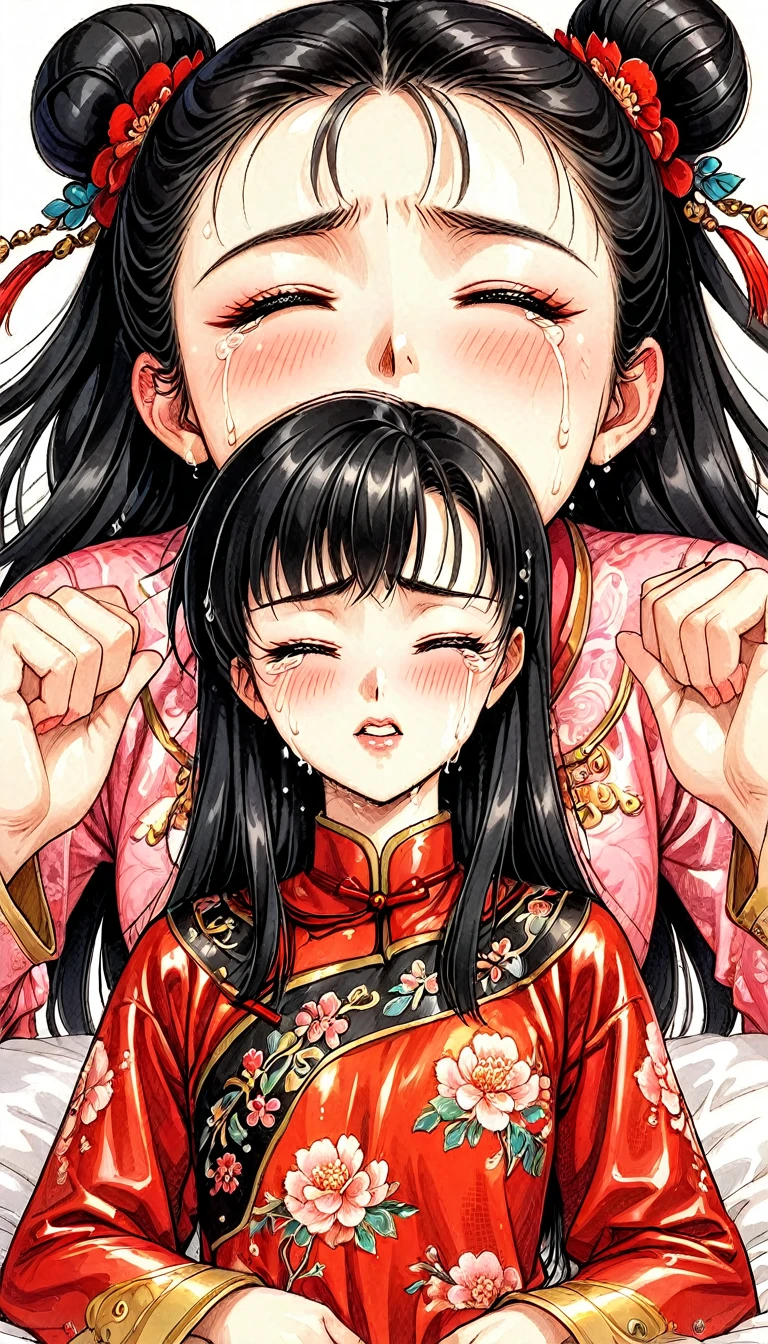 Beautiful 15 year old Chinese Kung Fu princess with long black hair　Gorgeous embroidery, Ultra glossy, She is wearing shiny red long sleeve floral pajamas....　In order to procreate, she is subjected to intense sexual acts, laid on a red futon, has a penis inserted into her vagina, and is violated by the perverted emperor.　She blushes and cries, closing her eyes.