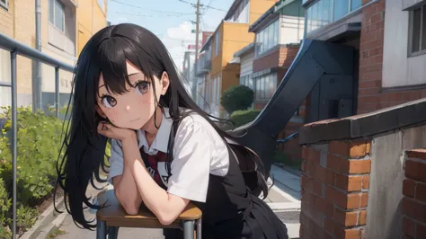 a girl in school uniform long hair black hair embaresd