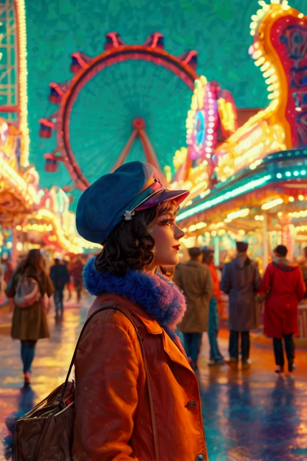 Portrait in a 1950s amusement park: A person in modern attire, in an amusement park decorated with rides and stalls from the 1950s, with neon lights, cotton candy, and a ferris wheel in the background. 8k, UHD