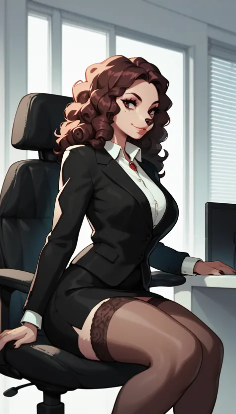 furry, female dog, beautiful, curly hair, formal suit, office skirt, stockings, sits in an office chair, director, solo, one, vi...