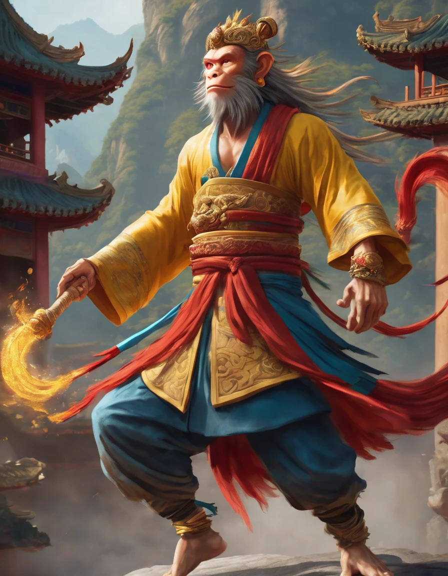 CINEMATIC concept art of the Monkey King from Journey to the West, Chinese background, dynamic pose, intricate details,