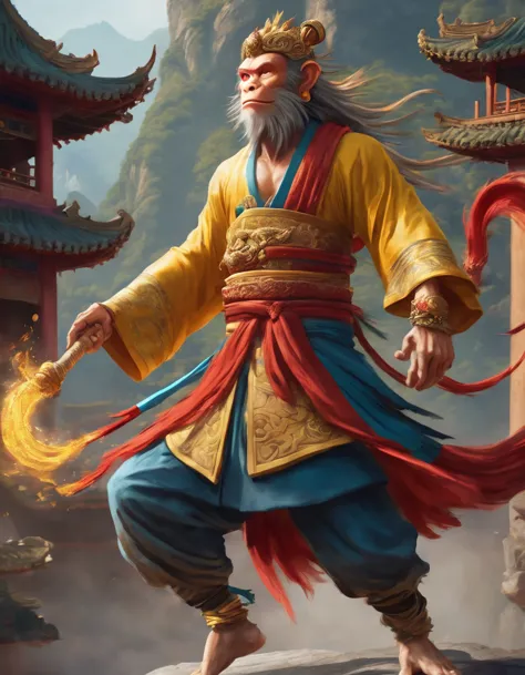 cinematic concept art of the monkey king from journey to the west, chinese background, dynamic pose, intricate details,