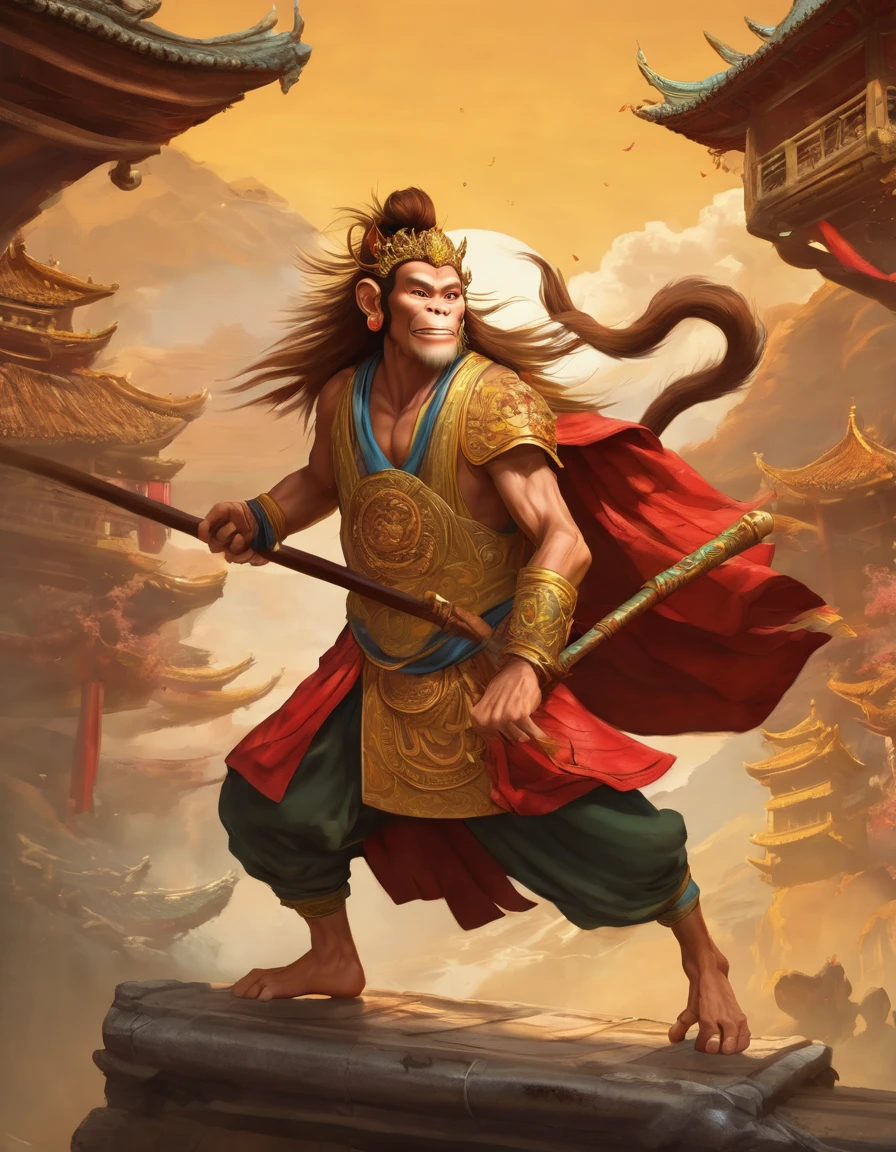 CINEMATIC concept art of the Monkey King from Journey to the West, Chinese background, dynamic pose, intricate details,