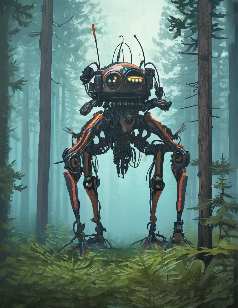 apocalyptic a robot with a large turret on its top, spider robot, in forest 