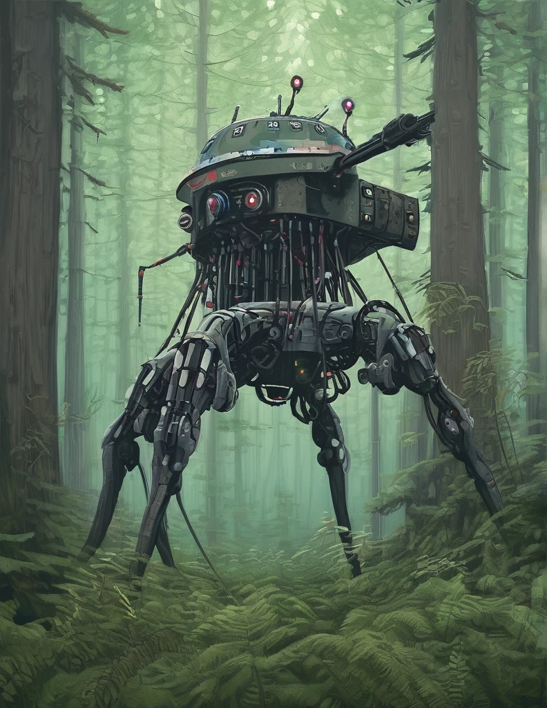 apocalyptic a robot with a large turret on its top, spider robot, in forest 