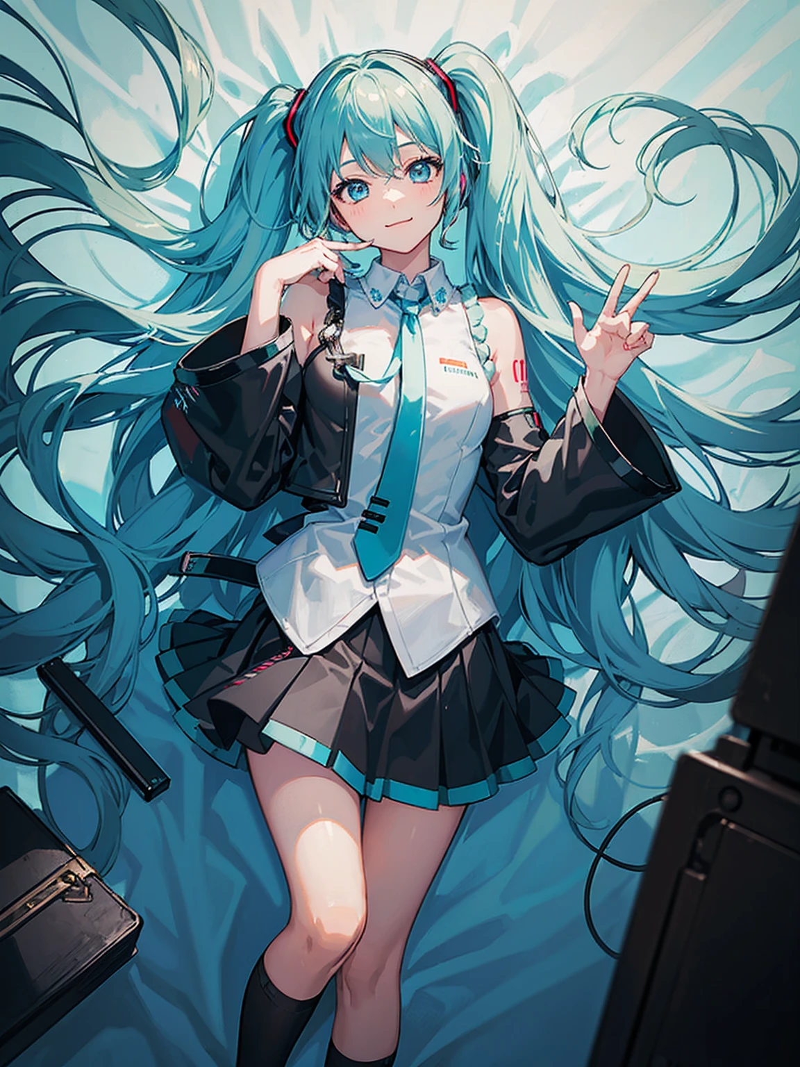 One person, alone, female chilis, masterpiece, beautiful haniss, hatsune miku, White shirt, (Black Skirt:1.3), Blue tie, bare shoulisers, isetacheis sleeves, 
break
:is, Happy, smile, View your viewers, ✌️,(Opposition:1.5), squat,
break
stage lights,