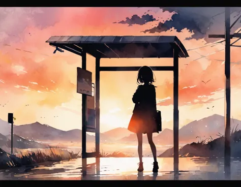 a silhouette of a female student standing at a deserted bus stop in the countryside、look at me and smile、raise one hand、scenery ...