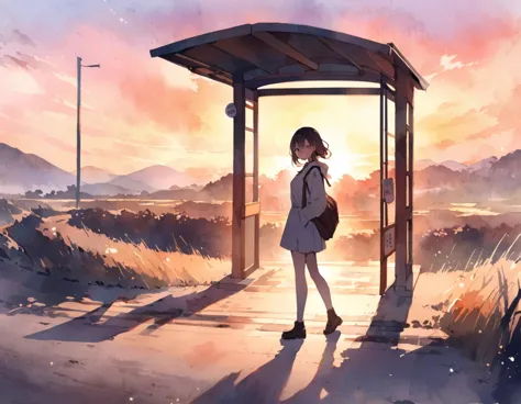 a silhouette of a female student standing at a deserted bus stop in the countryside、look at me and smile、raise one hand、scenery ...