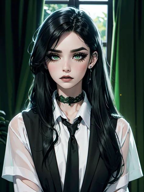 emo_hairstyle, ((tight black suit)), (black lace blazer), black tie, ((long hair)), ((straight hair)), (((black hair))), side sw...