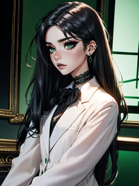 emo_hairstyle, ((tight black suit)), (black lace blazer), black tie, ((long hair)), ((straight hair)), (((black hair))), side sw...