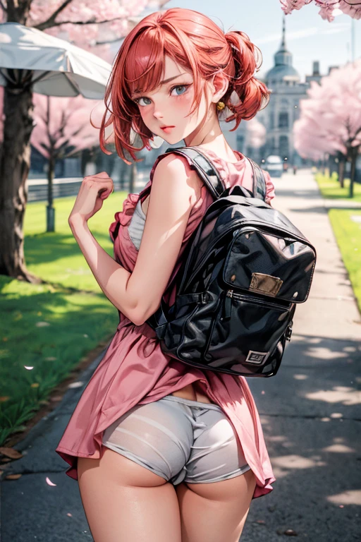 pink dress, skirt pulled up, backpack on back, When she turns around, blue colored eyes, blush: 1.3, angry face: 1.2, ruffled underwear, cherry trees, background blur,