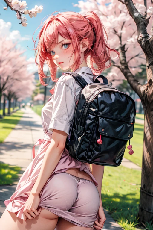 pink dress, skirt pulled up, backpack on back, When she turns around, blue colored eyes, blush: 1.3, angry face: 1.2, ruffled underwear, cherry trees, background blur,