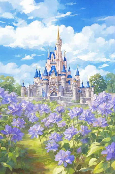 disney castle in a flower field under a blue sky, disney concept art, disney artstyle, fairy tale style background, anime backgr...