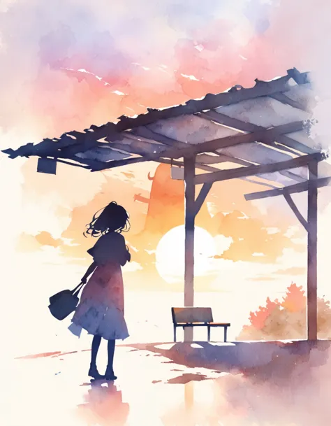 a silhouette of a female student standing at a deserted bus stop in the countryside、look at me and smile、raise one hand、scenery ...