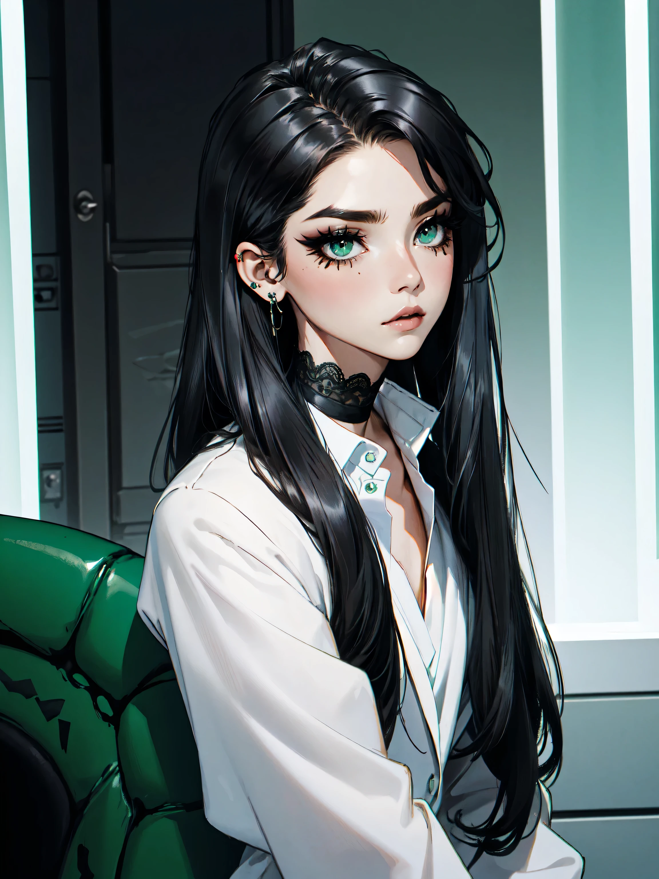 emo_hairstyle, ((tight black suit)), (black lace blazer), black tie, ((long hair)), ((straight hair)), (((black hair))), side swept bangs, white skin, pale, white, (green eye), tired expression, choker, ((dark makeup, mascara, eyeshadow)), multiple piercings, best quality, 8k, dark laboratory, dim lighting, white shirt, erotic, slytherin
