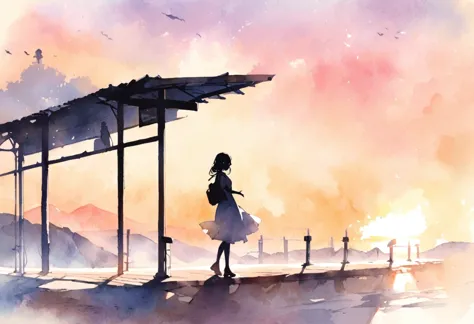 a silhouette of a female student standing at a deserted bus stop in the countryside、look at me and smile、raise one hand、scenery ...