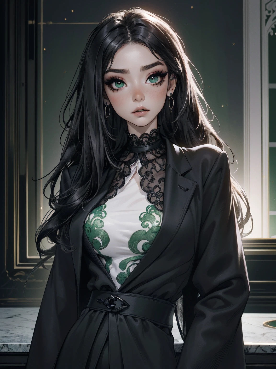 emo_hairstyle, ((tight black suit)), (black lace blazer), black tie, ((long hair)), ((straight hair)), (((black hair))), side swept bangs, white skin, pale, white, (green eye), tired expression, choker, ((dark makeup, mascara, eyeshadow)), multiple piercings, best quality, 8k, dark laboratory, dim lighting, white shirt, erotic, slytherin
