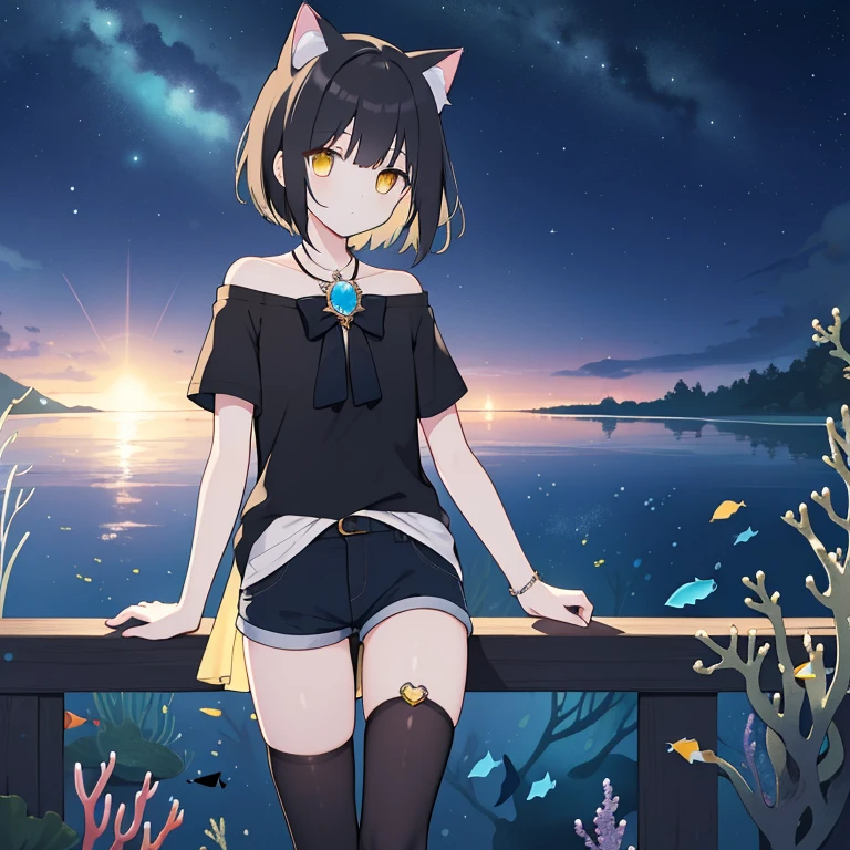 masterpiece, super high quality, One person, Solo Boy, Black hair and cat ears, Yellow Eyes, ((Straight hair)), short hair, (Shoulder-length hair), (Black Shirt), Blue Brooch, Shorts, Black Stockings, Expressionless, Underwater,At night, Night Sky,