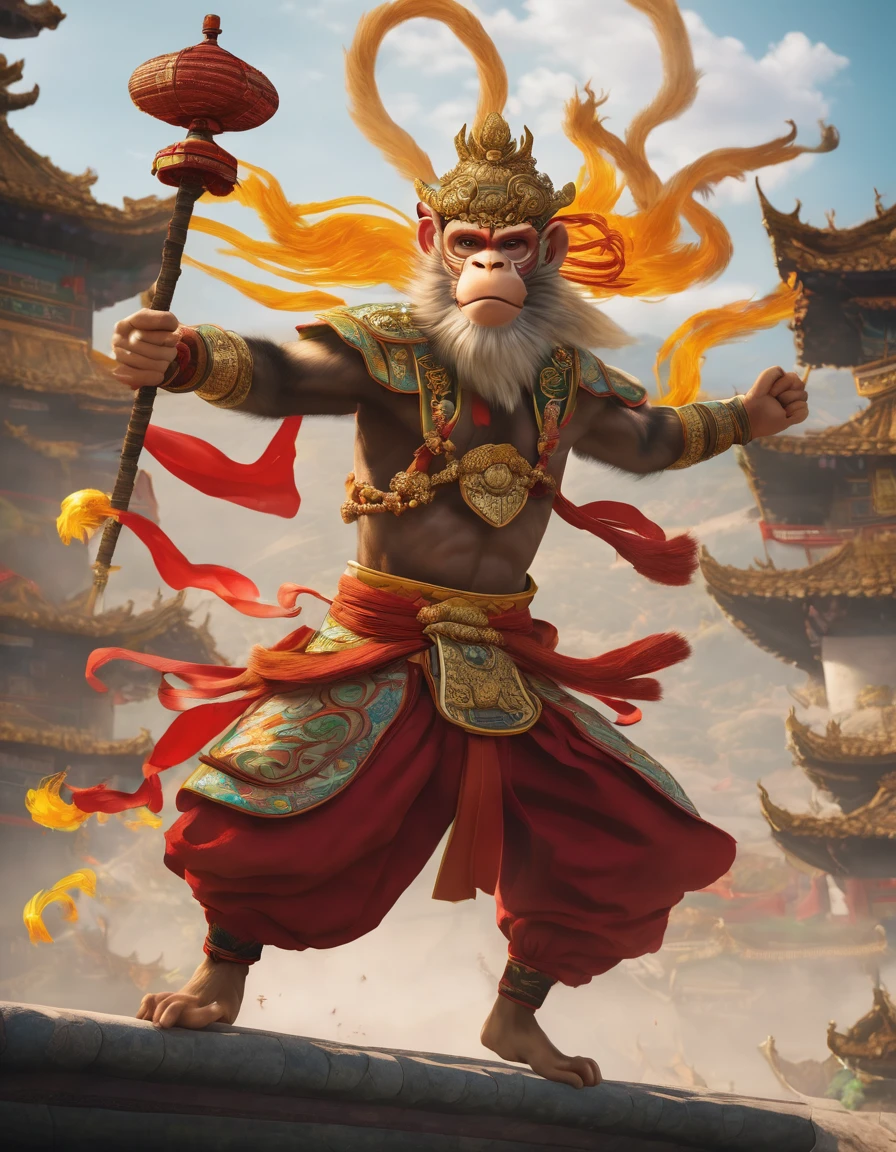 CINEMATIC concept art of the Monkey King from Journey to the West, Chinese background, dynamic pose, intricate details,