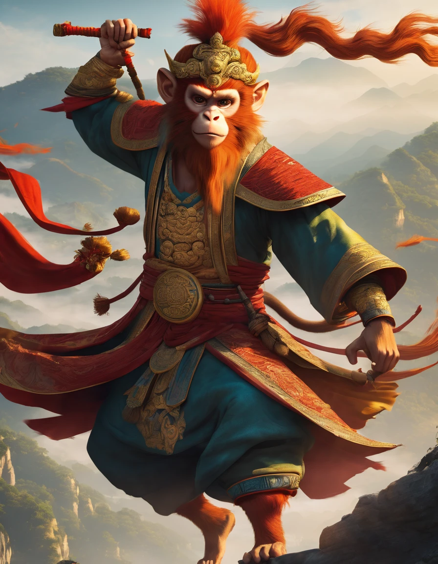 CINEMATIC concept art of the Monkey King from Journey to the West, Chinese background, dynamic pose, intricate details,