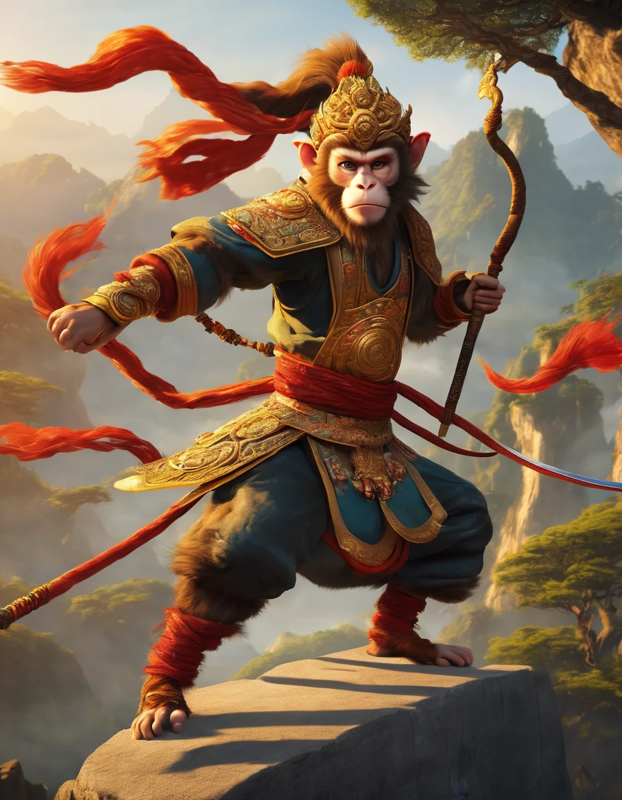 CINEMATIC concept art of the Monkey King from Journey to the West, Chinese background, dynamic pose, intricate details,