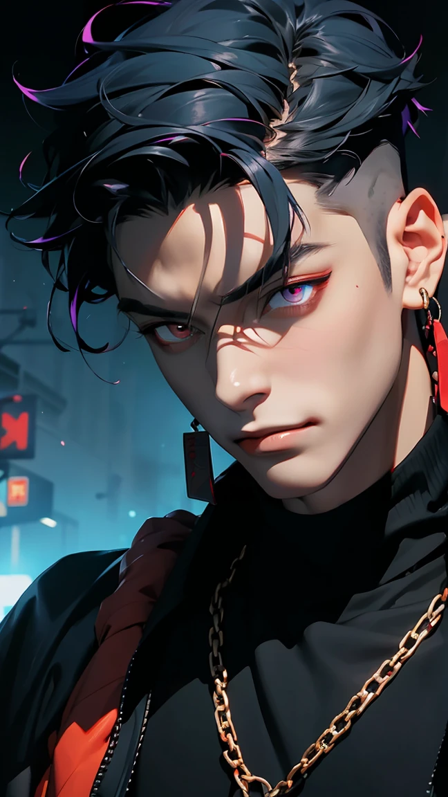 highest quality, 8K, high resolution image, anime style Jujutsu Kaisen, dark skin, (Cú Chulainn (Alter) | Fate | FGO ) detailed strokes, crazy look, piercing gaze, out of focus, purple light is reflected from it, (close angle), 1 man, young, male, model, hand in pocket, cool guy, multicolored background with various geometric shapes, all around stickers, muscular, Blue hair, red eyes, blue hair, hair between the eyes, highlighted hair, puffy chest, he is wearing a black Sweater, black gloves, sweatpants, gold link chain, Hand in the Pocket, background: he ist standing, big city, streets, park, people, blue sky, cars, bicycle