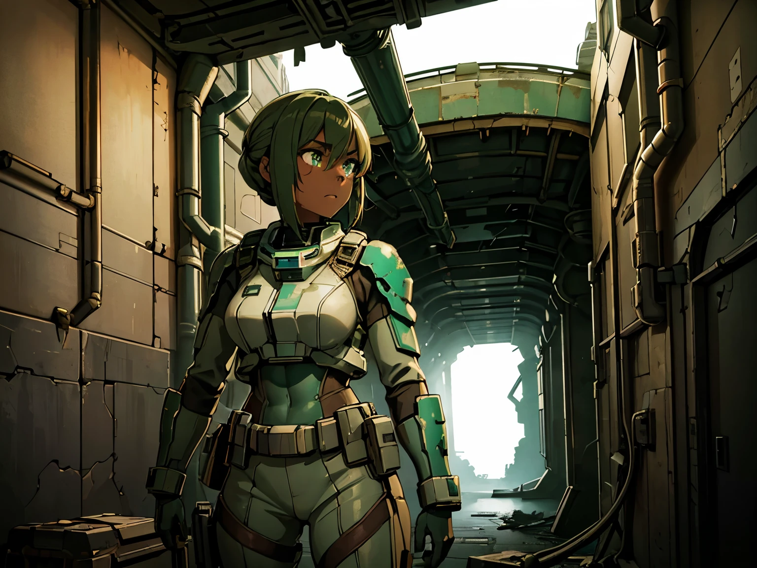 masterpiece, great detail, Girl, Dark skin, green eyes,. Astronaut Soldier, without helmet, looking straight ahead, uniforme combate, dirty, with stains,, armor scifi, Alone, abandoned spaceship, wrecked ship, low light, destroyed hallways, Cables, Cables, Lights