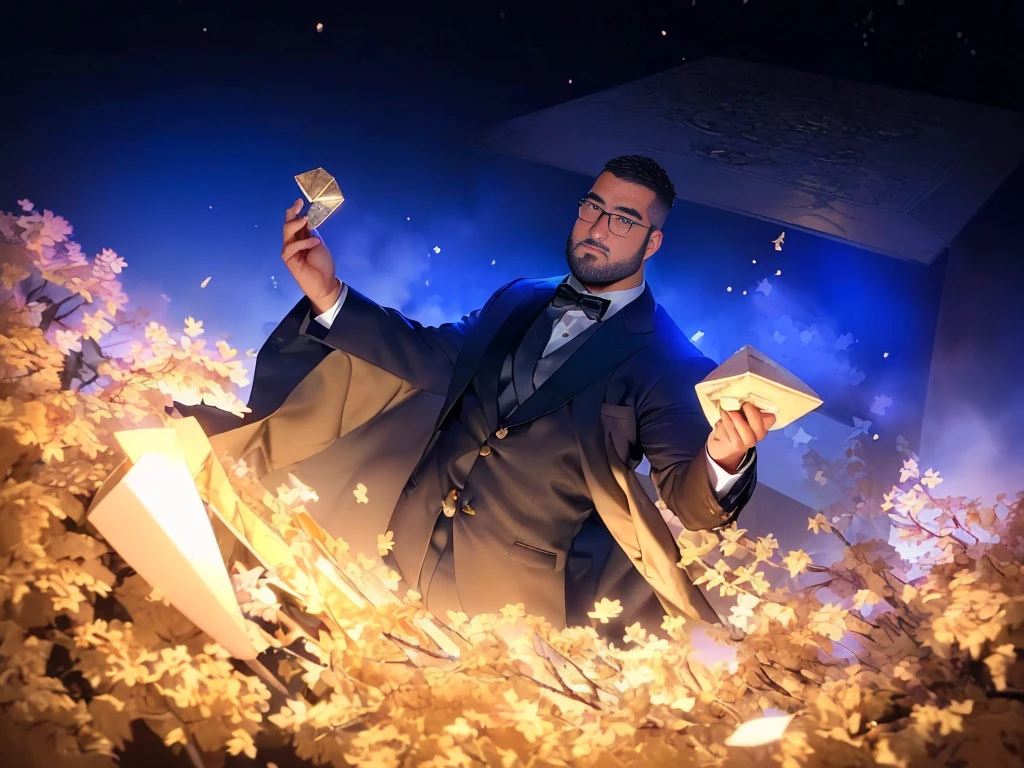 solo, crew cut, (((full body))), mature man, [slightly fat], asian man, brown eyes, rounded face, glasses, slightly balding, (((stubbles, Short beard))), (((full beard))), (Beautiful eyes:1.3), (Detailed face:1.3), man with dark blue suit with a pile of gold coins, he hold a big gem and many coins in hands,