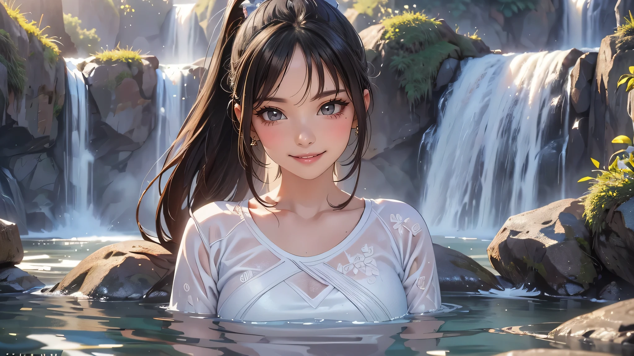 (bathing in the basin of a waterfall),ultra straight hair,long ponytail,rash guard,(Highest image quality, (8K), Ultra-realistic, Best Quality, High quality, High Definition, high quality texture, high detailing, Beautiful detailed, fine detailed, extremely details CG, Detailed texture, realistic representation of face, masterpiece, presence)