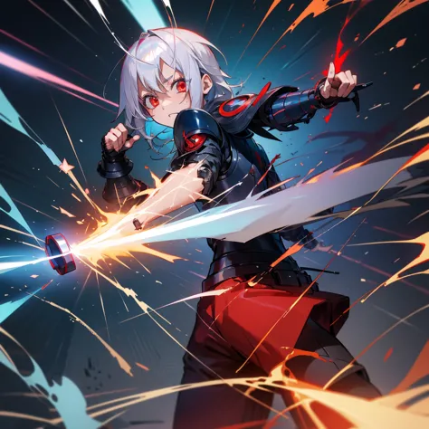 silver-haired, red-eyed boy, about 7 years old, shota, cyborg, right armｂto a cannon、charged with blue energy. sense of speed. a...