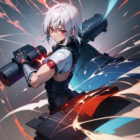 silver-haired, red-eyed boy, about 7 years old, shota, cyborg, right armｂto a cannon、charged with blue energy. sense of speed. a...