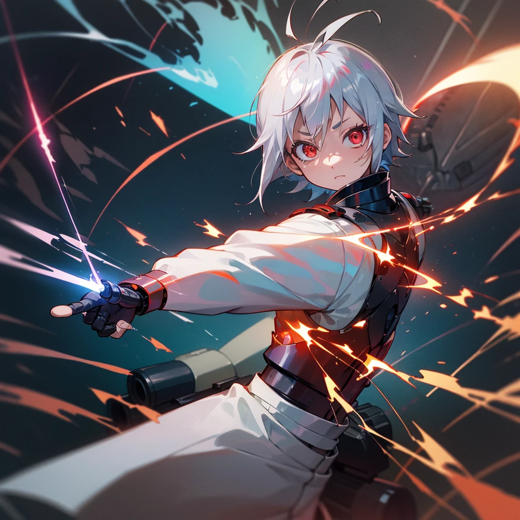 Silver-haired, red-eyed boy, about 7 years old, Shota, Cyborg, Right armｂto a cannon、Charged with blue energy. Sense of speed. A cannon charged with a large amount of red energy is coming from his back and pointing towards us. Background: Cracked hologram. Going crazy. Wearing black armor.