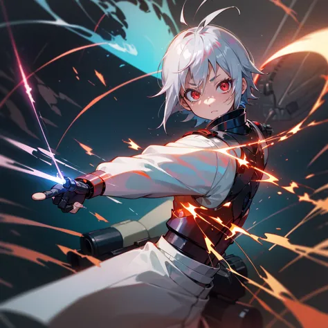 silver-haired, red-eyed boy, about 7 years old, shota, cyborg, right armｂto a cannon、charged with blue energy. sense of speed. a...