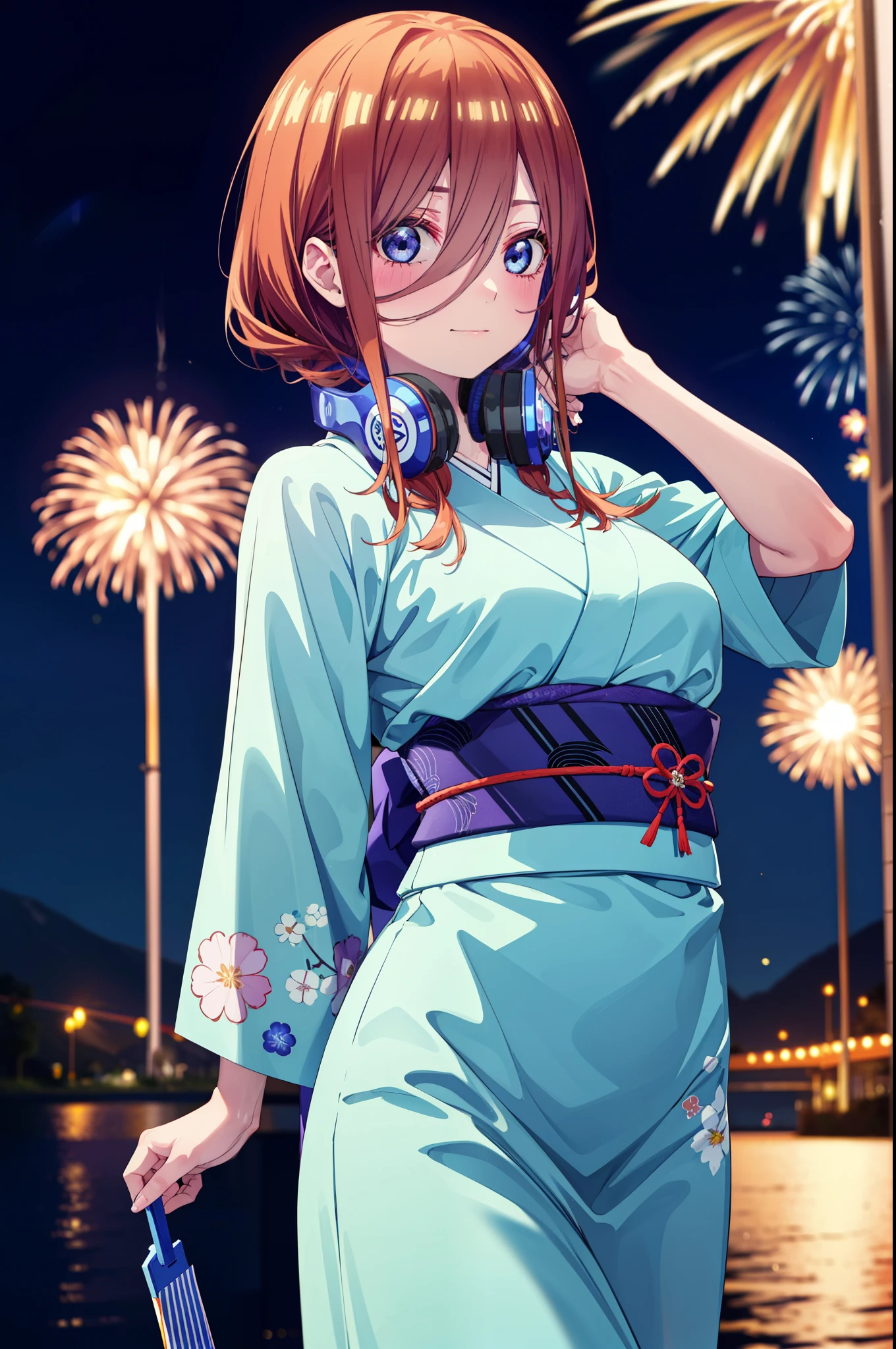 Miku Nakano, miku nakano, Long Hair, bangs, blue eyes, Brown Hair, shirt, Hair between the eyes, Headphones around neck,hair tied back,Flower Hair Ornaments,smile,blush,Blue Kimono,Blue long skirt,Fireworks in the night sky,Fireworks,The place is a fireworks display,Time is night,sunny day,日本のfestival,夏festivalの屋台,Red lantern,whole bodyがイラストに入るように,
break outdoors, garden,festival,
break looking at viewer, whole body, (Cowboy Shot:1. 5),
break (masterpiece:1.2), Highest quality, High resolution, unity 8k wallpaper, (figure:0.8), (Beautiful attention to detail:1.6), Highly detailed face, Perfect lighting, Highly detailed CG, (Perfect hands, Perfect Anatomy),