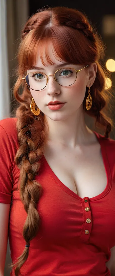 a young lady aged 16 yrs, with long red hair, wavy hair, braided, with air bangs. she has an hourglass figure. she is wearing a ...