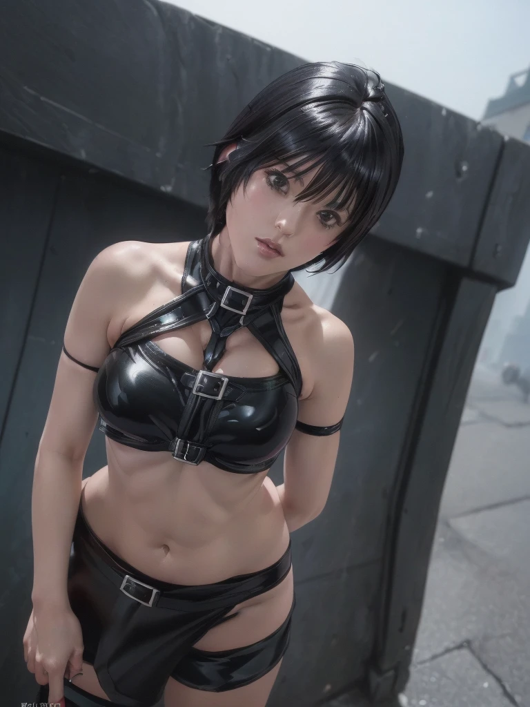 kurosaki mea、最high quality、high quality,, ((Masseter muscle area)), ((High resolution)), ((最high quality)), detailed, ((Glowing Skin)), ((Black-haired、Short Bob))、((Glossy black bondage:1.2, Short shiny black hot pants:1.4)), Bare Chest:1.5, Exposed breasts:1.2, Big Breasts:1.4, Voluptuous bust:1.4, Bare belly:1.4, exposed navel:1.2, (See the front-facing camera:1.5、Posing for ID photo:1.5)、(No pause 1.5, Standing still:1.4), ((background:On the streets of the city:1.4))