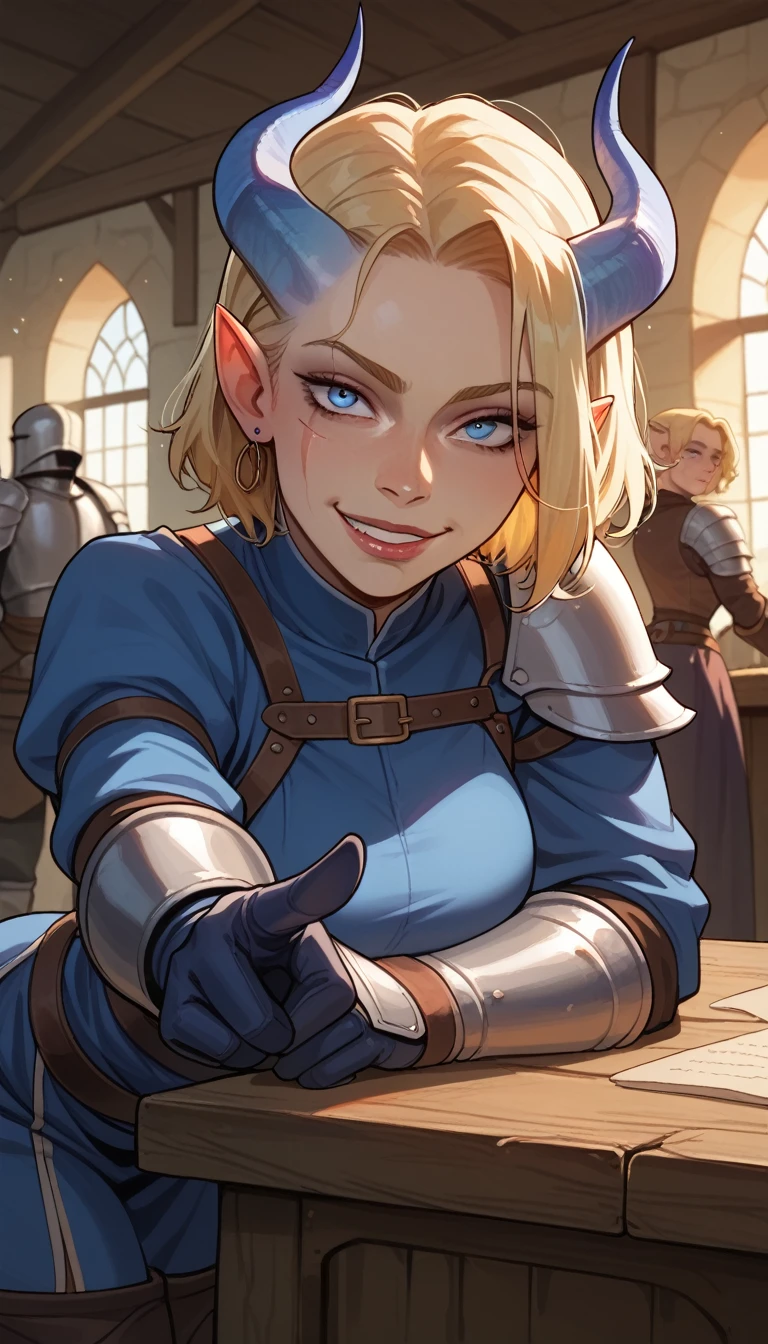 score_9, score_8_up, score_7_up, score_6_up, soruce_anime, 1girl, 20 year old, beautiful face, blue horns pointing up, (blue skin), tiefling woman, medieval, knight lady, leather armor, blonde hair, short hair, scar, bent over table, looking at viewer, heroic, smug