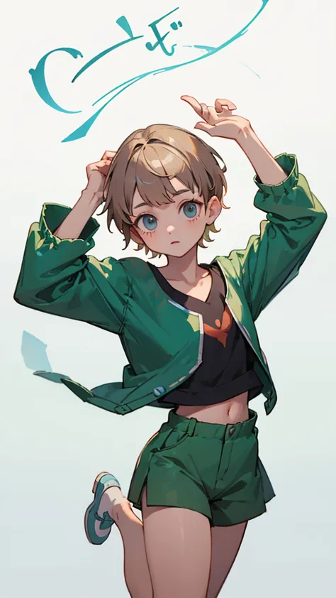 peter pan,half short hair,cute,in an innocent pose,whole body,hands above head, cloth shoes