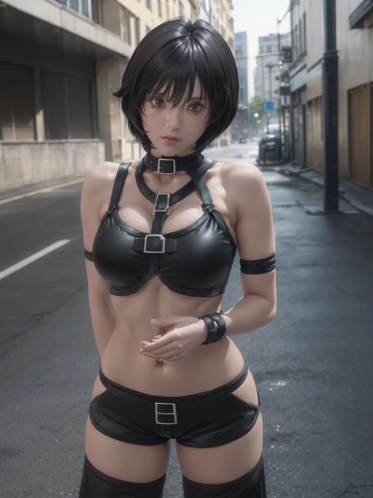 kurosaki mea、最high quality、high quality,, ((Masseter muscle area)), ((High resolution)), ((最high quality)), detailed, ((Glowing Skin)), ((Black-haired、Short Bob))、((Bondage:1.2, Short black hot pants:1.4)), Bare Chest:1.5, Exposed breasts:1.2, Big Breasts:1.4, Voluptuous bust:1.4, Bare belly:1.4, exposed navel:1.2, (See the front-facing camera:1.5、Posing for ID photo:1.5)、(No pause 1.5, Standing still:1.4), ((background:On the streets of the city:1.4))