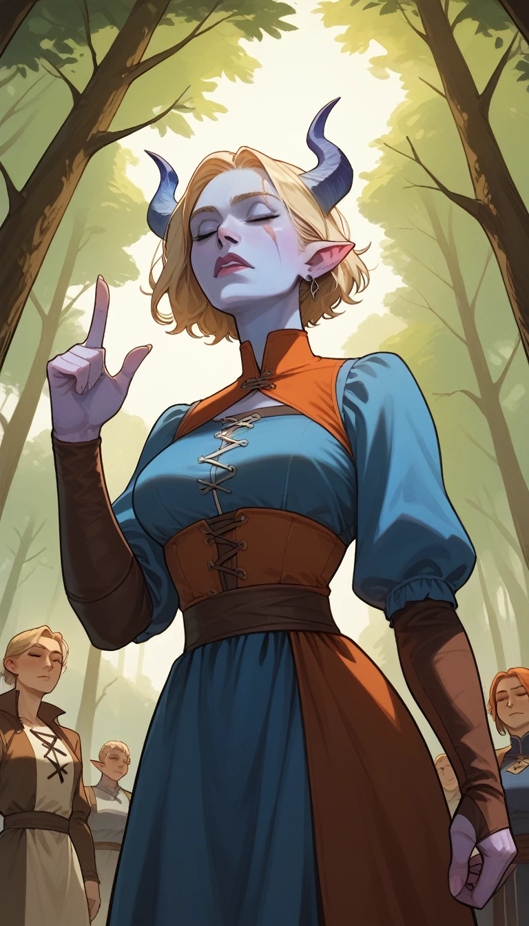 score_9, score_8_up, score_7_up, score_6_up, soruce_anime, 1girl, 20 year old, beautiful face, blue horns pointing up, (blue skin), tiefling woman, medieval, linen dress, blonde hair, short hair, scar, taaking a walk through the woods, forest, bliss, closed eyes, head up, from below, dramatic angle, epic