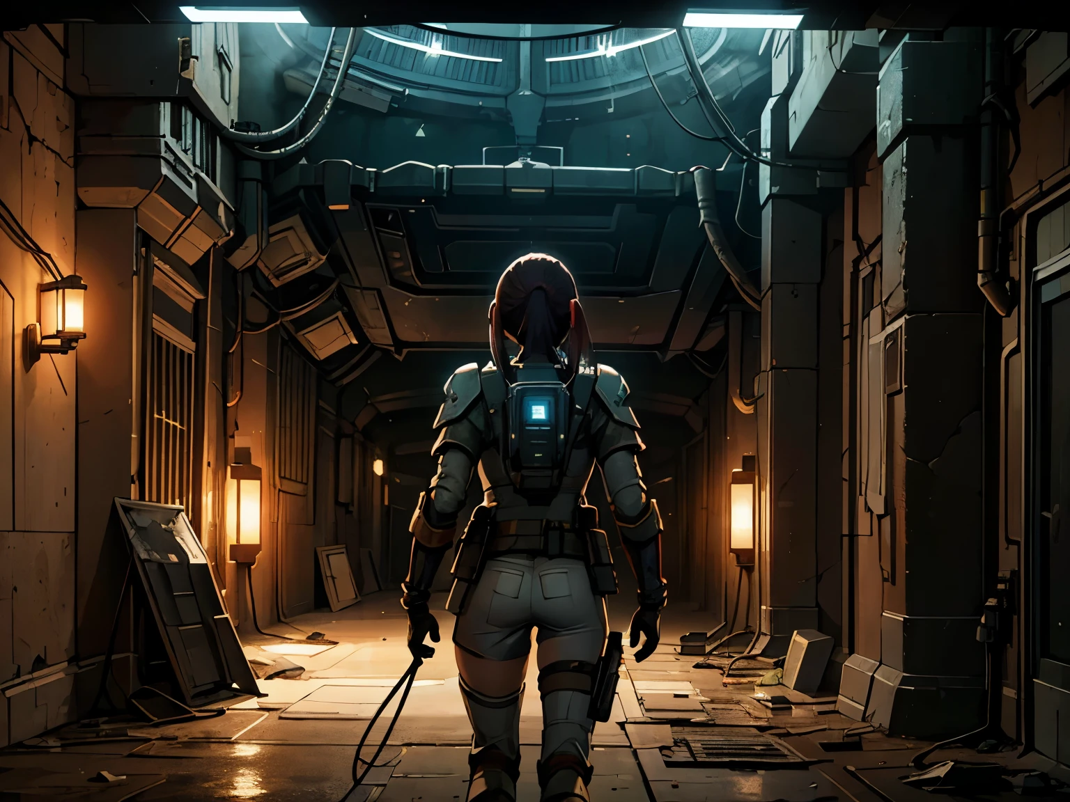 masterpiece, great detail, Girl,  Astronaut Soldier, without helmet, mink from behind, uniforme combate, dirty, with stains,, armor scifi, Alone, abandoned spaceship, wrecked ship, low light, destroyed hallways, Cables, Cables, Lights