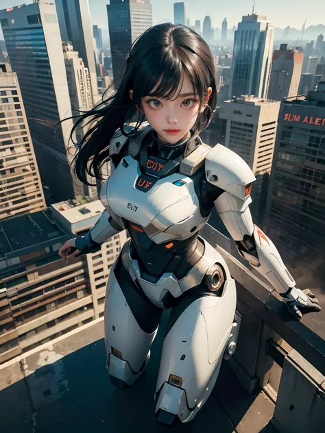 1girl, mecha, city, full body, floating, pov, from above, power armor, dynamic pose,