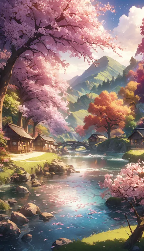 draw a river and a small village, beautiful peaceful scenes in anime, very beautiful scenery, landscape painting, details of lan...