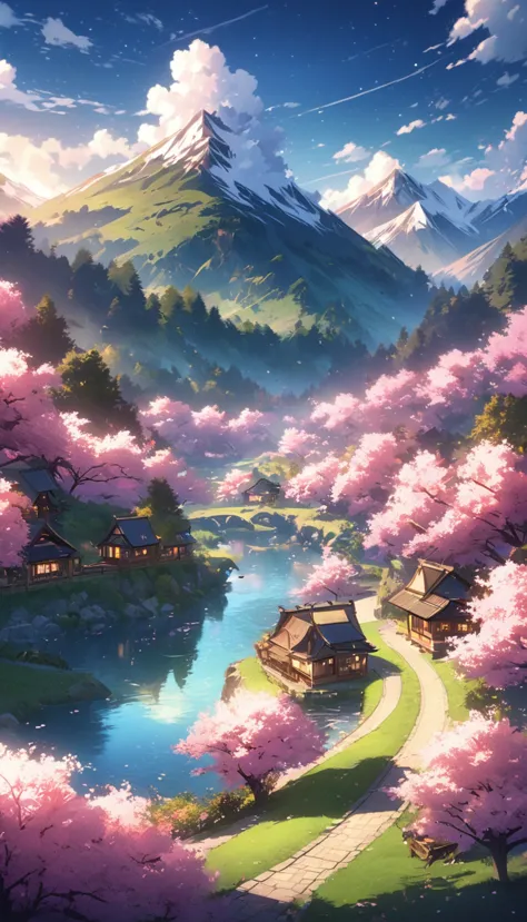 draw a river and a small village, beautiful peaceful scenes in anime, very beautiful scenery, landscape painting, details of lan...