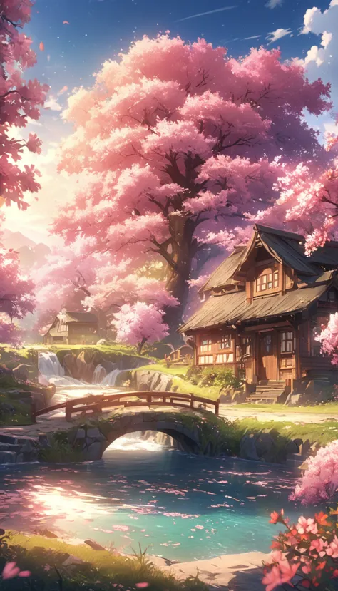 draw a river and a small village, beautiful peaceful scenes in anime, very beautiful scenery, landscape painting, details of lan...