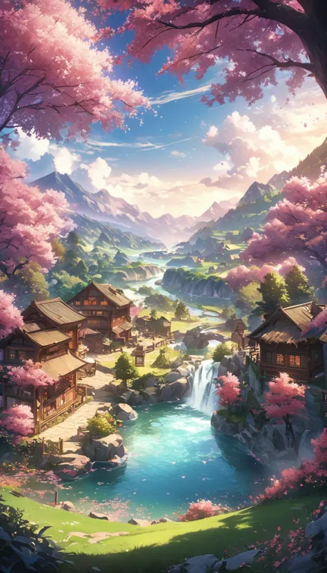 draw a river and a small village, beautiful peaceful scenes in anime, very beautiful scenery, landscape painting, details of lan...