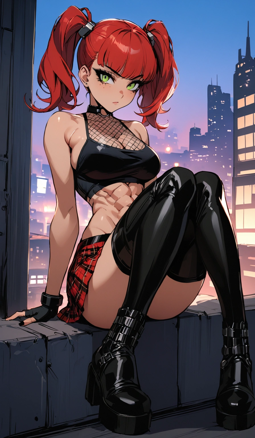 woman, stoic, curly red hair in pig tails, green eyes, black eyeshadow, wearing crop top black shirt, long black jacket, red plaid skirt, black knee high boots, black fingerless gloves, exposed shoulders, large breasts, freckles, abs, cleavage, looking down at viewer, masterpiece, best quality, Holo-Punk Style, cityscape, make up, eyelashes, fish net undershirt, fish net stockings, (full body), legs crossed