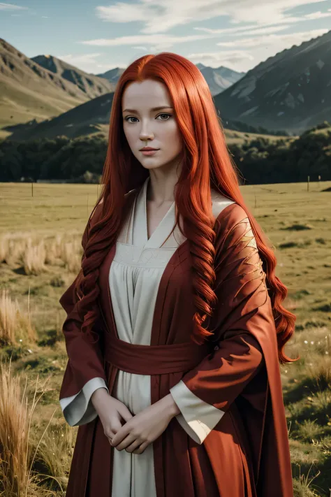 1 medival woman, long red hair, wearing a noble cloth robe, 25 years old, open field background, absurdres, high res, ultrasharp...