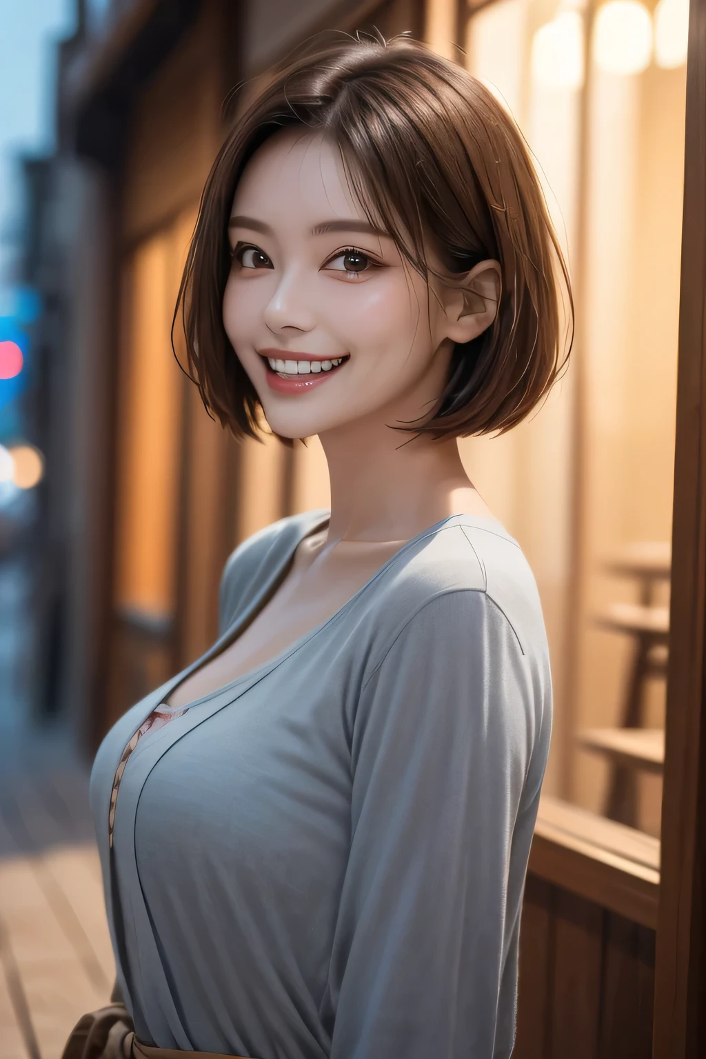 (highest quality, 8k, 32K, masterpiece), (Realistic), (Realistic:1.2), (High resolution), (night:1.7), Japan, cyber punk, 街の景Farbe, In front of the window,Wooden floor, Blue jacket, Grey Shirt, clavicle, jewelry, gem, Brunette Bob, 1 female, 45 years old, (Grin), Beautiful body, beautifulNose, beautifulcharacter design, Perfect Eyes, perfectface, Expressive eyes, View your audience, Center the image, (Cowboy Shot), Official Art, Very detailed CG Unity 8k wallpaper, Perfect lighting,Farbeful, bright_front_face_Lighting,Glowing Skin, (masterpiece:1.0),(Highest_quality:1.0), 超High resolution,4K,Very detailed, photograph, 8k, High resolution, High resolution, absurdes:1.2, Kodak Port 400, Film Grain, Blurred Background, bokeh:1.2, Lens flare, (Vibrant_Farbe:1.2) (beautiful,chest), (beautiful_face:1.5),(narrow_Waist)